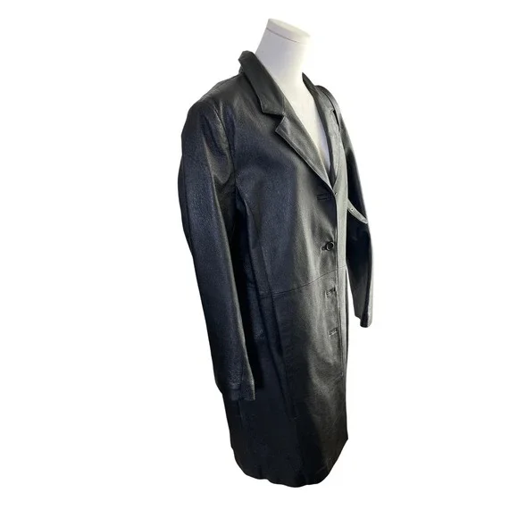 Minimalist Leather Trench‎ Coat Black Longline Lightweight Quiet Luxury Women L